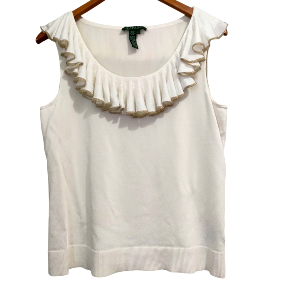 Lauren Ralph Lauren Ivory Gold Metallic Ruffle Neck Top